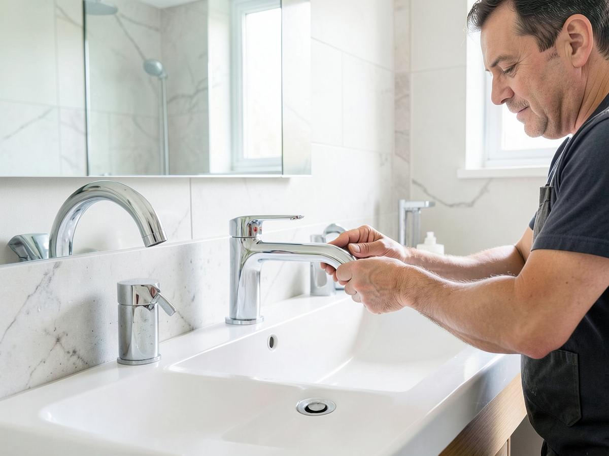 Plumber installing a new chrome faucet in a renovated Methuen bathroom