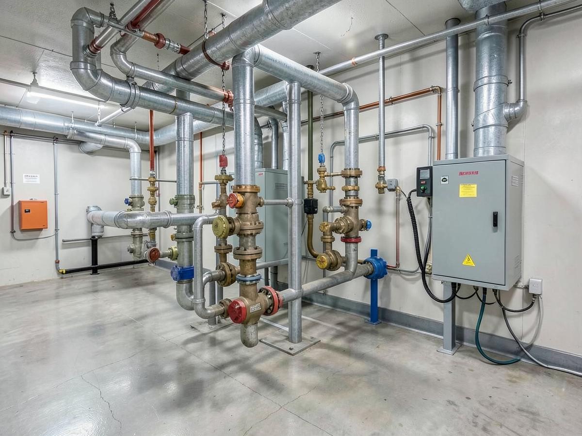 Commercial building mechanical room with large plumbing pipes and valves