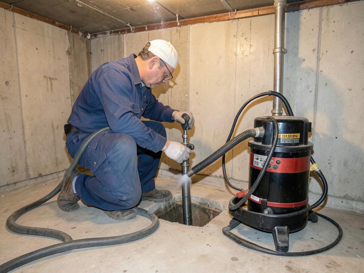 Drain cleaning equipment being used on a basement floor drain in a Methuen home