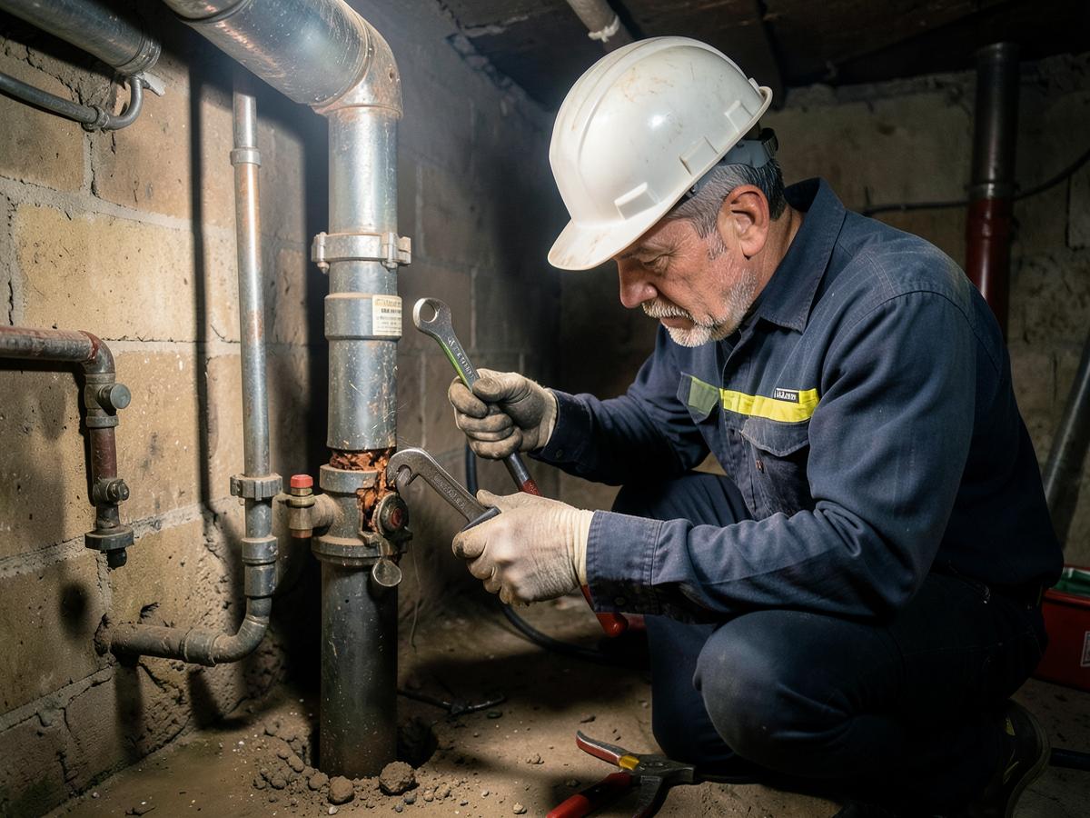 Plumber repairing a burst pipe during an emergency call in a Merrimack Valley basement