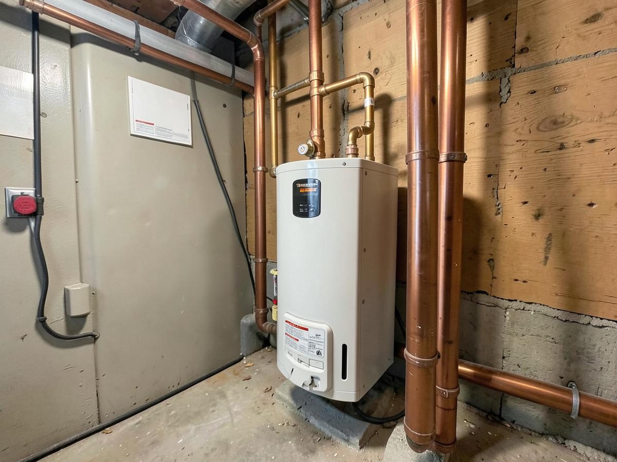 Replacement water heater installed with new copper connections in a Methuen basement